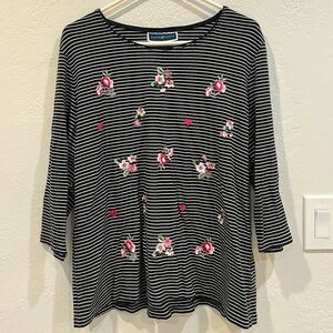 Karen Scott Black and White Striped Top with Pink Floral Accents
